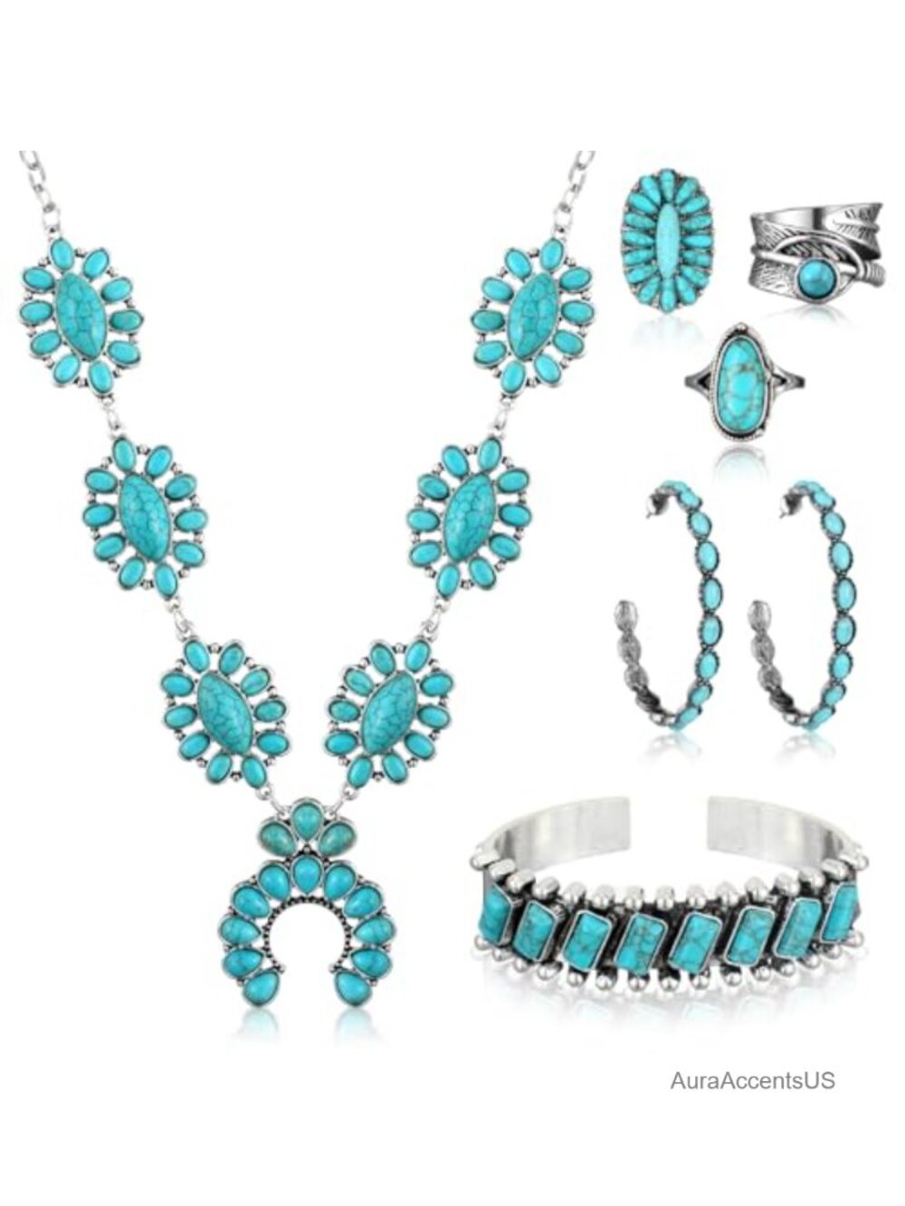 Western Turquoise Jewelry Set 6pc Necklace Earrings Bracelet Rings Alloy Faux